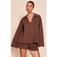 Chocolate Cotton Woven Boxy Long Sleeve Collar Top | PrettyLittleThing US