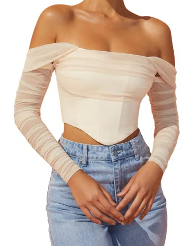 Women's Sexy Mesh Sheer Long Sleeve Corset Crop top Ruched Off Shoulder Blouse Shirts Cute Push U... | Amazon (US)