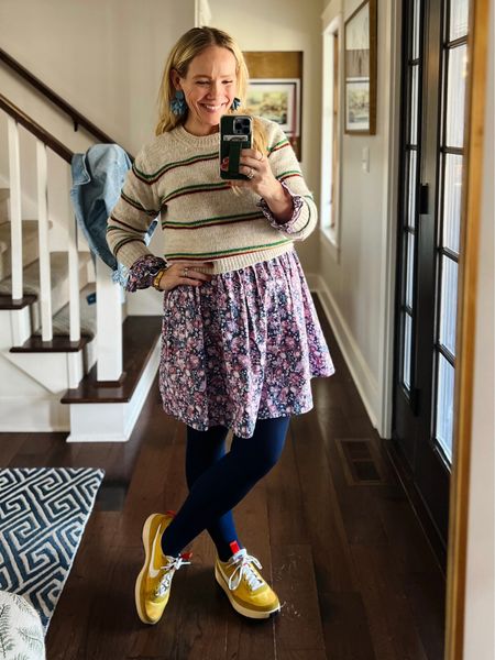 Spring dress styled for now with a stripe sweater, Amazon find tights, yellow sneakers, jcrew bracelet and tuckernuck earrings
❤️ Claire Lately 

#LTKSeasonal #LTKstyletip #LTKmidsize