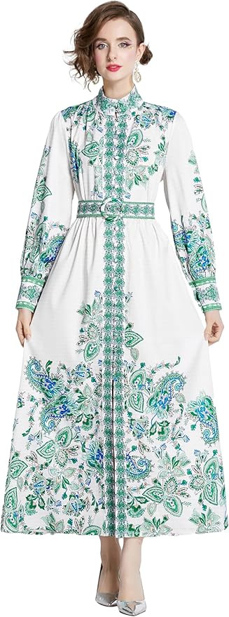 LAI MENG FIVE CATS Women Vintage Floral Print Button Up Casual Split A Line Flowy Maxi Belt Dress | Amazon (US)