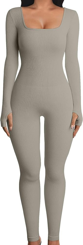 Women Workout Seamless Jumpsuit Yoga Ribbed One Piece Long Sleeve Leggings Romper | Amazon (US)