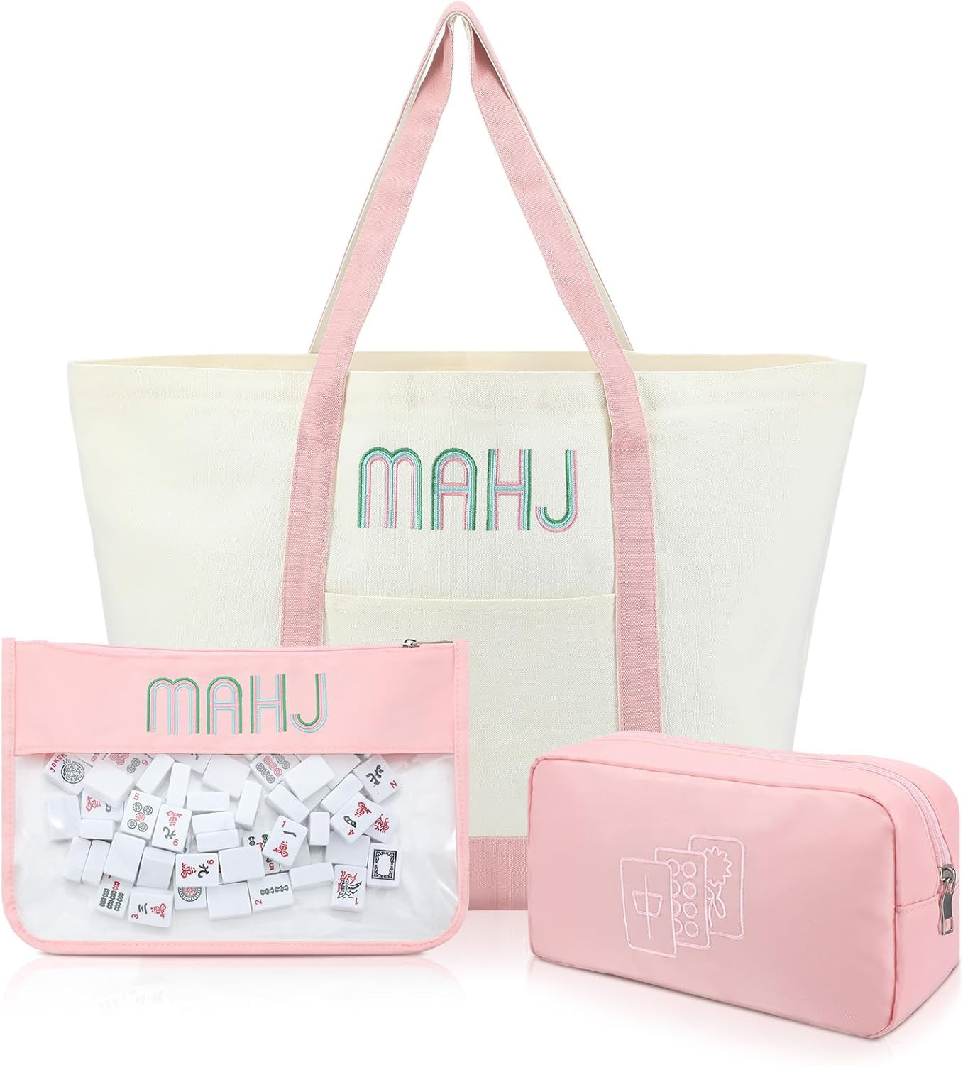 3 Pcs Empty Mahjong Tile Bags with Zipper Set Embroidered Mahjong Canvas Carrying Tote PVC Bag Ny... | Amazon (US)