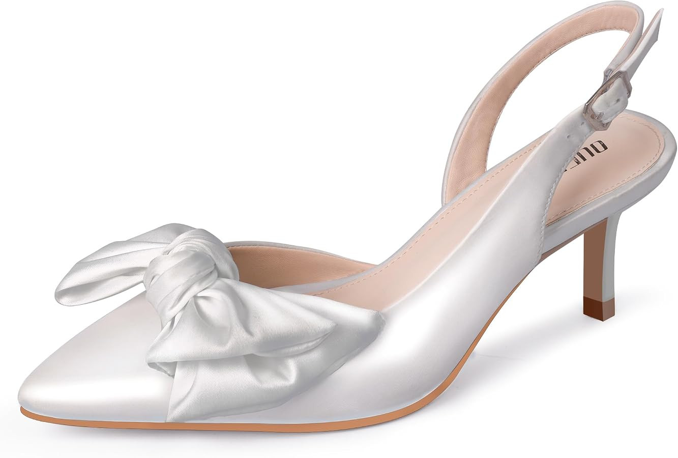 Ouepiano Bow Knot Heels for Women - Slingback Kitten Heels Pointed Closed Toe Low Heel Backless A... | Amazon (US)