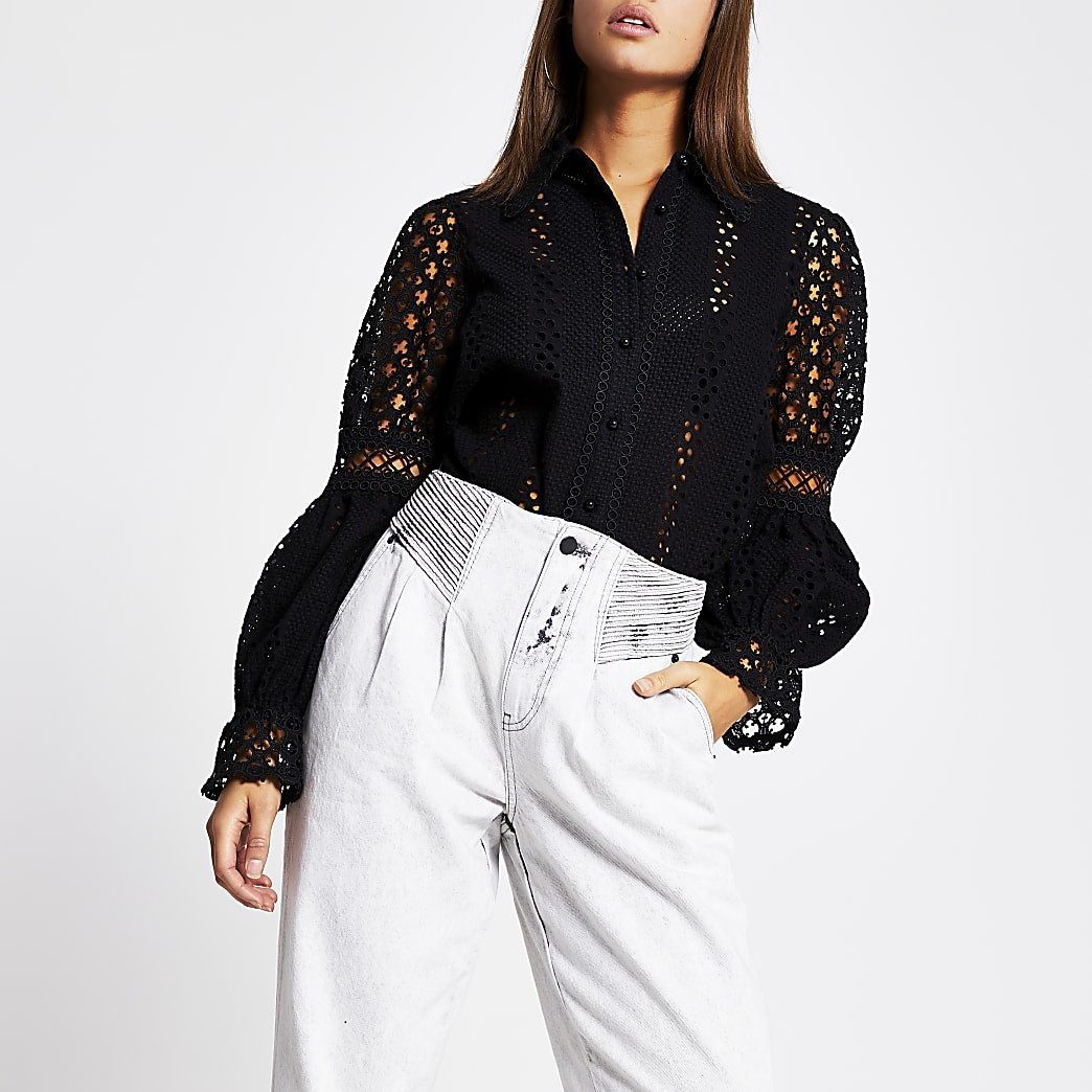 Black broderie long sleeve shirt | River Island (UK & IE)