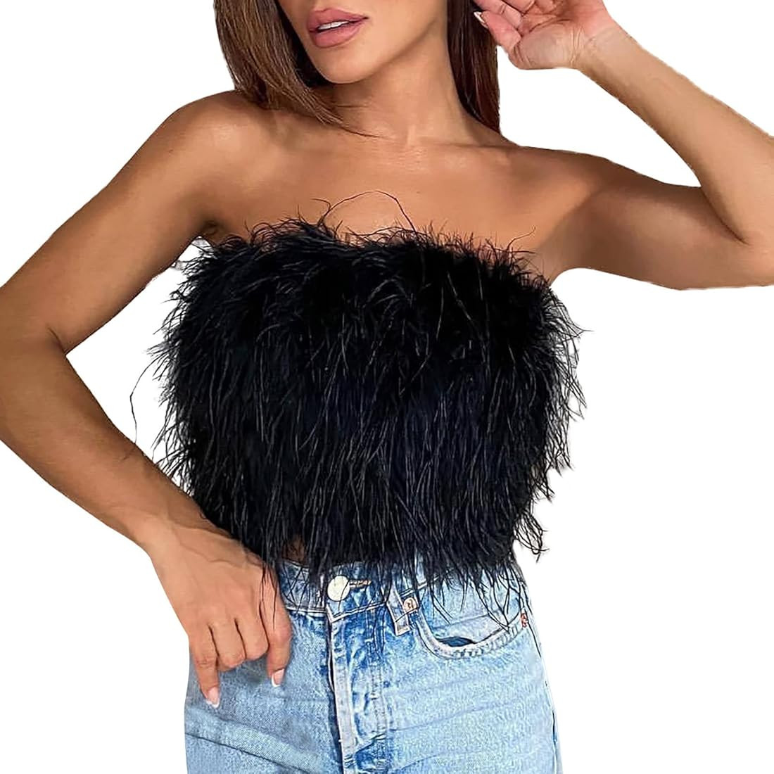 Sexy Tube Top for Women Faux Feather Fur Strapless Back Zipper Up Fuzzy Tight Crop Tank Top Plush... | Amazon (US)