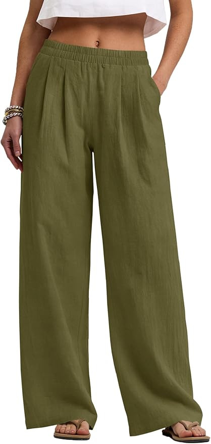 LOMON Cotton Linen Pants Women Wide Leg Palazzo Pull-On Pant Summer Travel | Amazon (US)