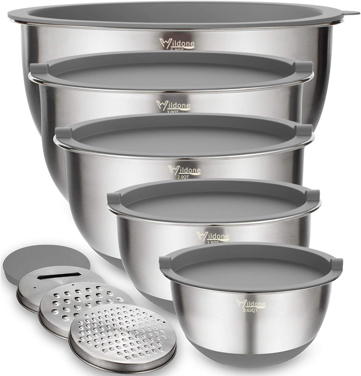 Wildone Mixing Bowls with Lids Set, 5PCS Stainless Steel Grey Nesting Bowls with 3 Grater Attachm... | Amazon (US)