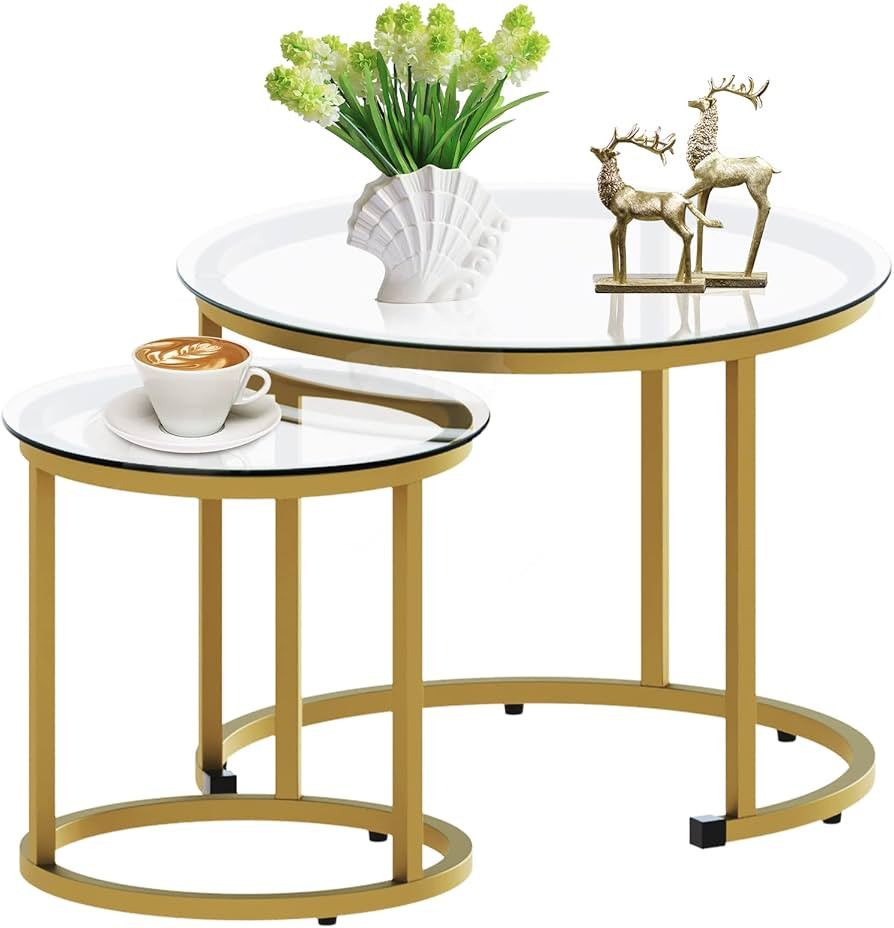 aboxoo Gold Nesting Coffee Table Set of 2, Small Glass Nesting Tables for Living Room Bedroom, Ac... | Amazon (US)