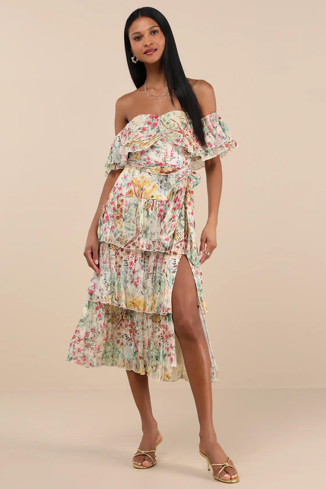 Lucella Cream Multi Floral Tiered Off-the-Shoulder Midi Dress | Lulus