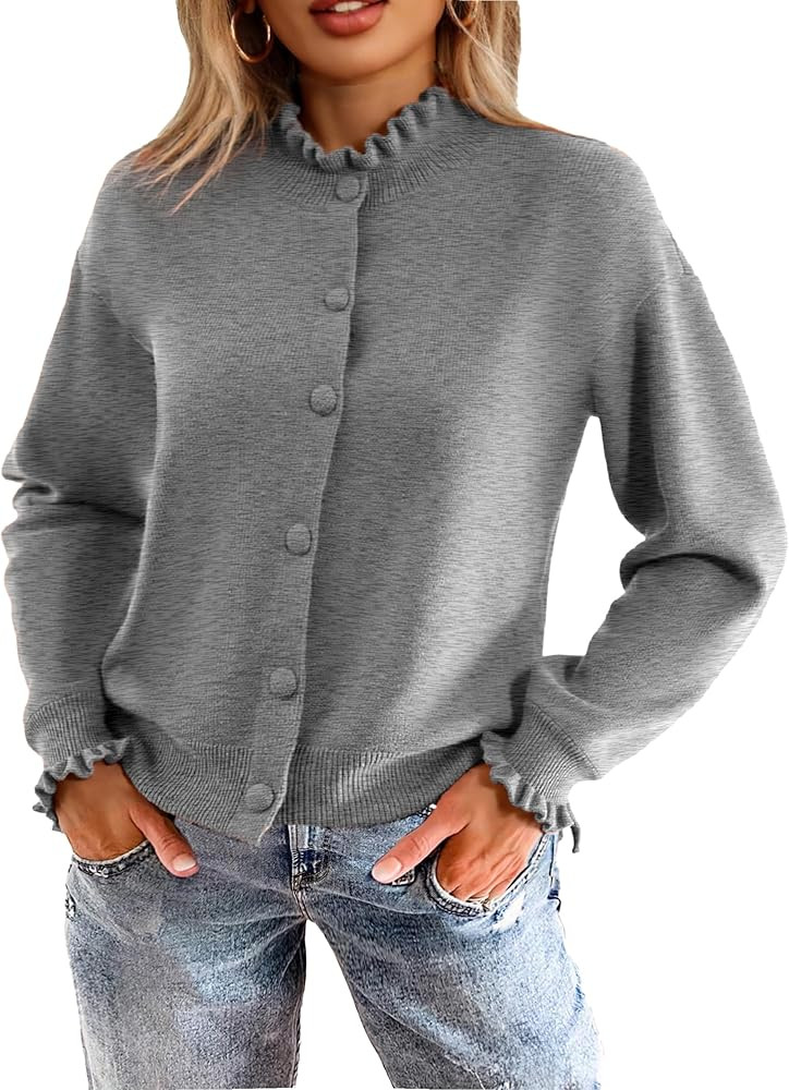Simplee Short Knit Fall Cardigan Sweaters Cute Ruffle Mock Neck Long Sleeve Button Down Open Fron... | Amazon (US)