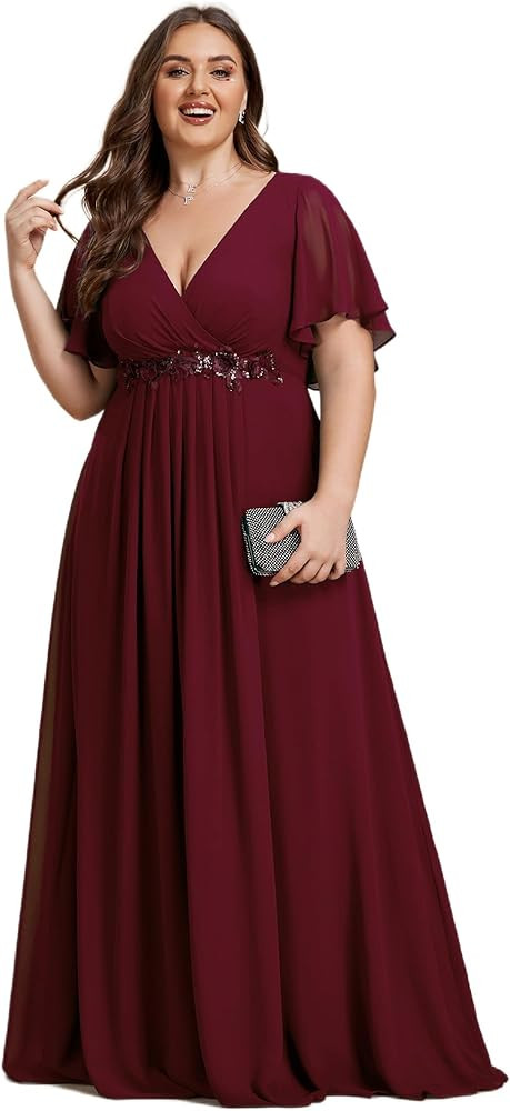 Ever-Pretty Women's Chiffon V Neck Short Sleeves Appliques Plus Size Dresses for Curvy Women Form... | Amazon (US)