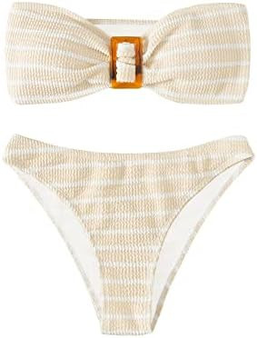 GORGLITTER Women's Strapless Bandeau Swimsuit High Waisted Thong Textured Bikini Set Bathing Suit | Amazon (US)