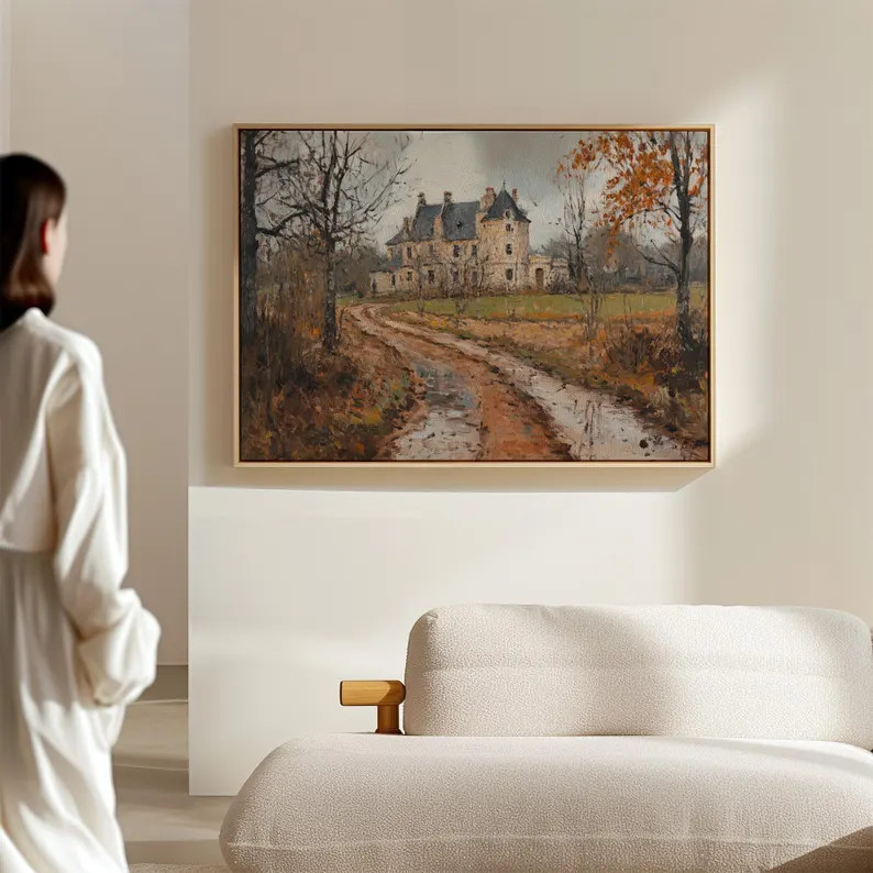Vintage Autumn Castle Painting – Rustic European Manor Wall Art With Muddy Path and Fall Trees,... | Etsy (US)