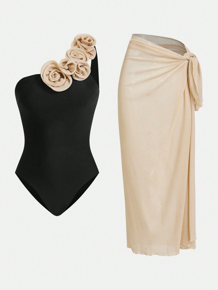 Swim Oasis Women's Luxury Rose Decor Elegant One-Piece Swimsuit With Cover Up Skirt Set, For Summ... | SHEIN