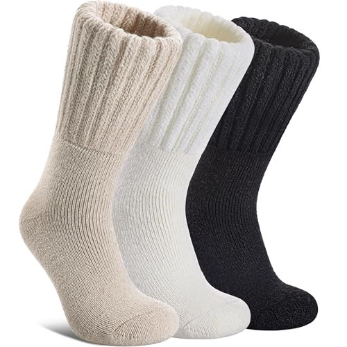 DYW Womens Merino Wool Boot Socks Thermal Thick Winter Warm Cozy Hiking Work Boot Socks Christmas Gift (3 Pairs-Beige White Black) | Amazon (US)