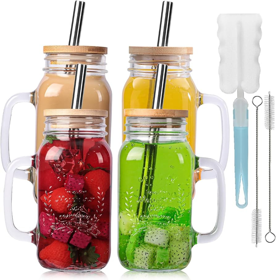 Yirilan 4 Pack 24Oz Mason jar cups with lids and straws, Mason Jars with Handle, Mason Jar Drinki... | Amazon (US)