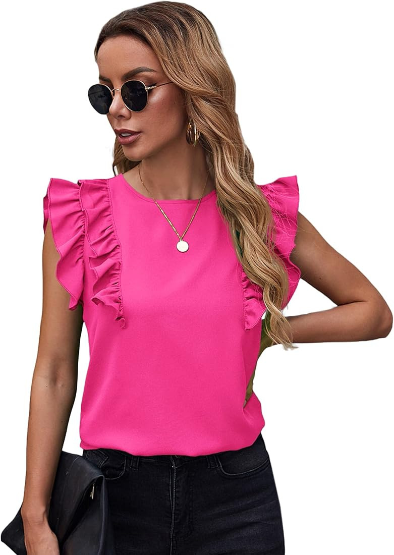 Milumia Women Elegant Ruffle Trim Butterfly Sleeve Blouse Round Neck Work Shirt Top | Amazon (US)