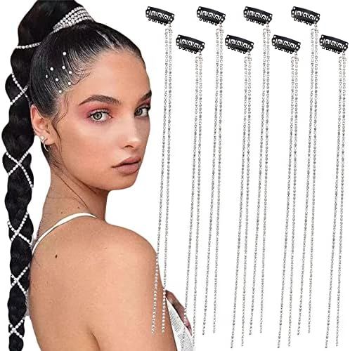 8 Pieces Long Rhinestone Hair Chains,Punk Tassel Hair Clips Bling Crystal Hair Extension 20 Inch Hea | Amazon (US)