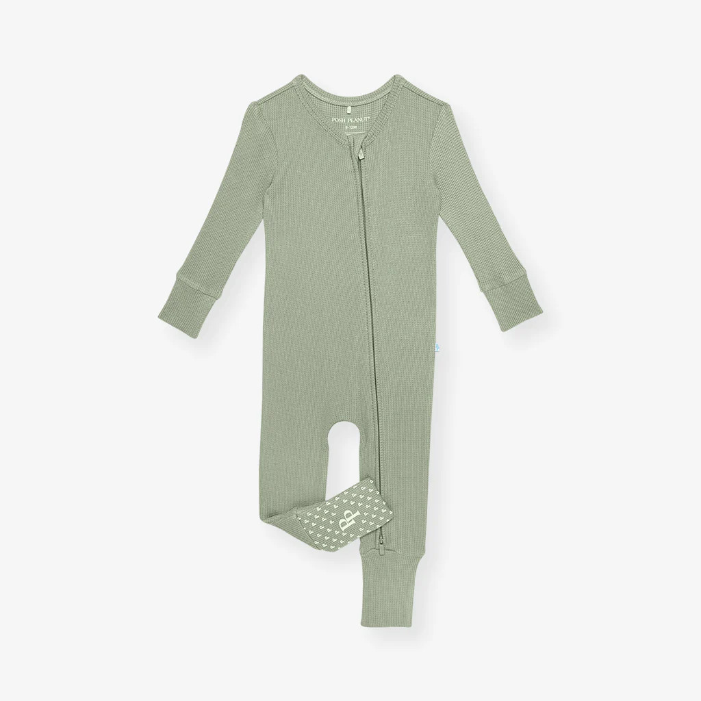 Solid Green Long Sleeve Soft Jade Waffle Convertible One Piece | Posh Peanut® | Posh Peanut