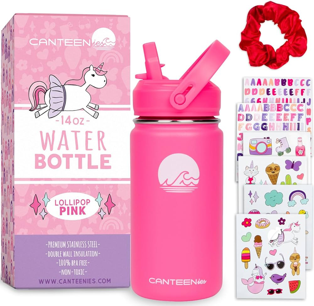 Canteenies Kids Water Bottle for School, 14 Oz, Straw Lid, Stickers, Scrunchie, Vacuum Insulated ... | Amazon (US)