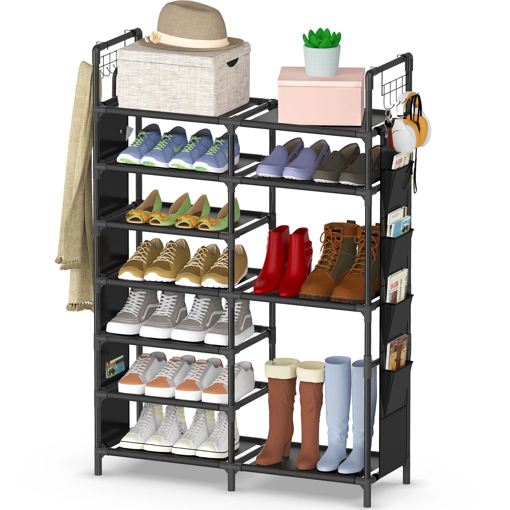 Keenstone 7-Tier Stackable Shoe Rack, Shoes Shelf Storage Organizer with Hooks and Side Pockets, ... | Walmart (US)