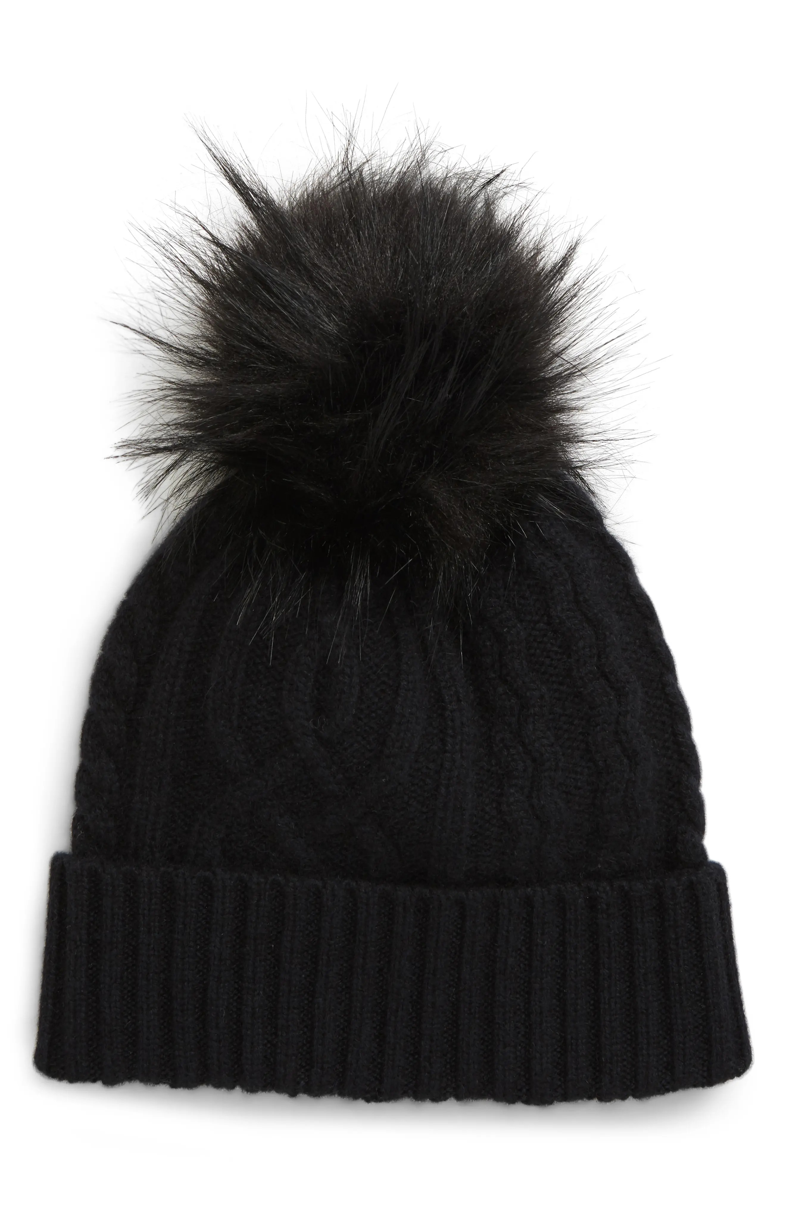 Women's Halogen Cable Cashmere Pom Beanie - Black | Nordstrom