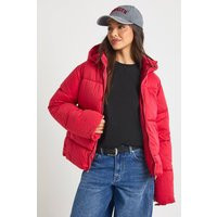 boohoo Women's Hooded Puffer Jacket in Red | Size: 4 | Denim/Polyurethane | boohoo (US & Canada)