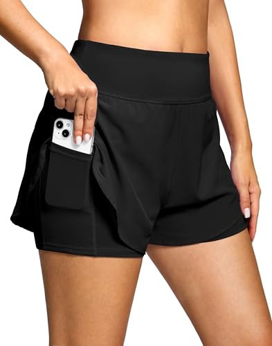 Women's 2 in 1 Running Shorts - High Waisted Lightweight Athletic Workout Gym Yoga Shorts Spandex Liner with Pockets Black XS | Amazon (US)