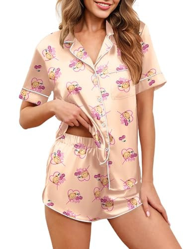 Ekouaer Womens Silk Satin Pajamas Set Short Sleeve Sleepwear Button Down Loungewear 2 Piece Pjs Shorts Set Love Teddy Bear Medium | Amazon (US)