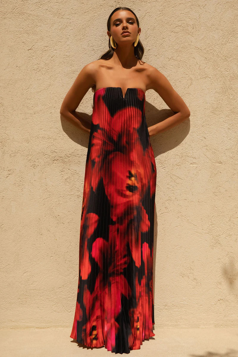 Bergamot  Black And Red Floral Print Satin Sweetheart Maxi Dress | Club L London