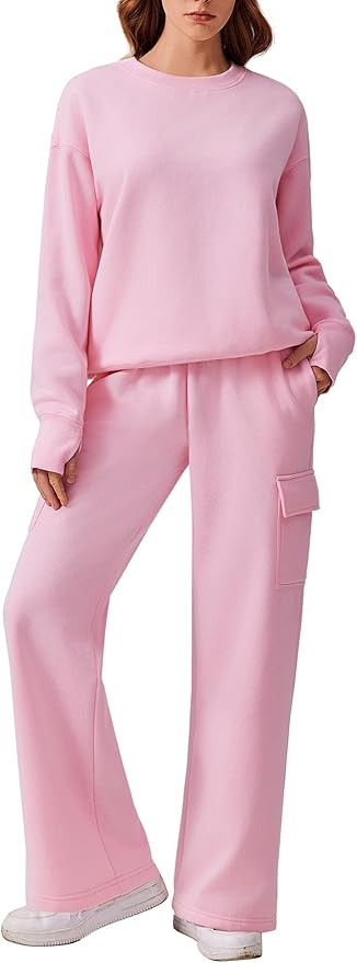 PINSPARK 2 Piece Sets for Women 2025 Fleece Sweatsuits Oversized Sweatshirts Wide Leg Cargo Sweat... | Amazon (US)