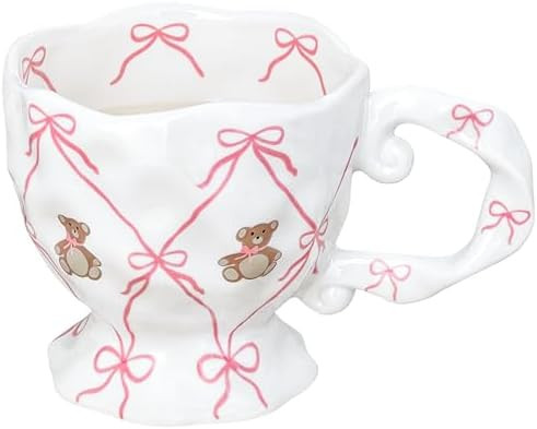 Cute Coffee Mug with Pink Bow Bear, Handmade Kawaii 14 oz Ceramic Mug for Tea Milk Latte Cocoa Fu... | Amazon (US)