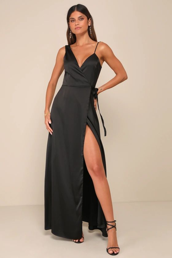 Black Satin Wrap Maxi Dress | Black Maxi Dress | Black Dress Wedding Guest | Lulus