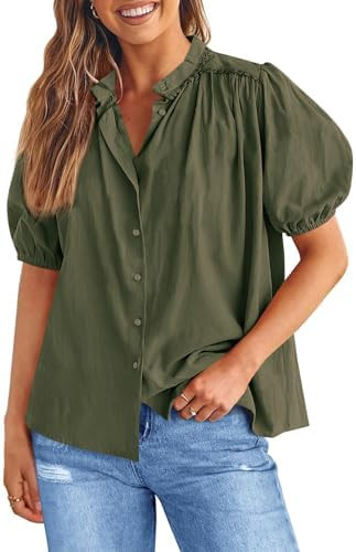 Tankaneo Womens Puff Sleeve Button Down Shirts Cotton Pleated Loose Fit Tops Summer Dressy Casual... | Amazon (US)