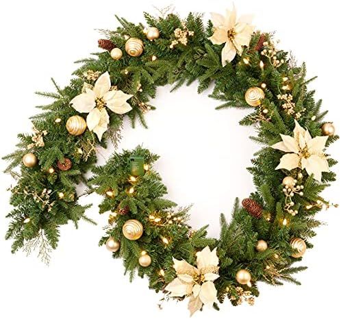 AMERZEST Pre-lit 9ft Christmas Garland with Gold Berries and Balls,Pine Cone,Golden Flower and 50... | Amazon (US)