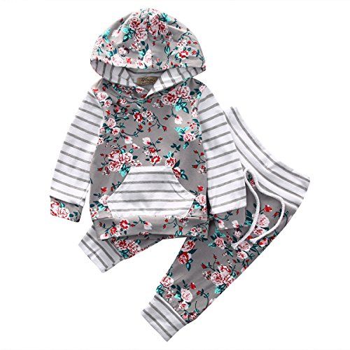 Baby Kids Girls 2pcs Suit Floral Warm Hoodie Sweatsuit+Long Pants (2-3years, Grey) | Amazon (US)