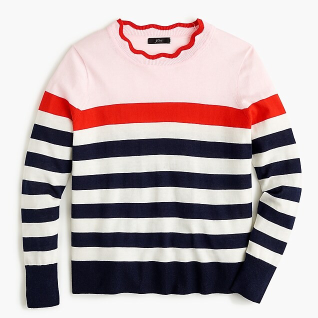 Scallop trimmed pullover sweater in colorblock stripe | J. Crew US