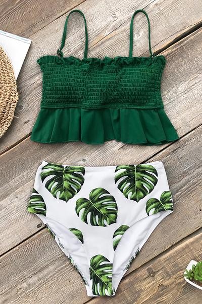 Smocked Green and Monstera High-Waisted Bikini | Cupshe