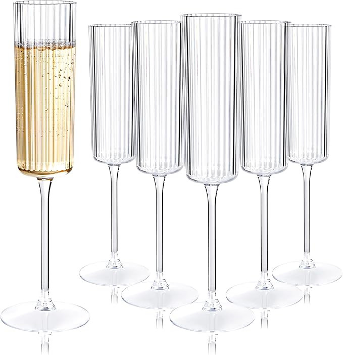 Ciaell 24 Pack Plastic Champagne Flutes - 6oz Ribbed Disposable Champagne Glasses - Clear Vintage... | Amazon (US)