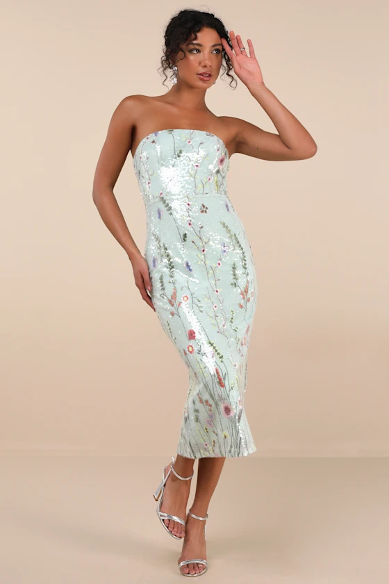 Malene Mint Floral Sequin Strapless Midi Dress | Lulus