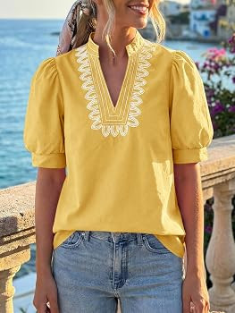 Cicy Bell Womens Puff Short Sleeve Blouses Summer Casual Dressy Embroidered V Neck Tops Loose Fit... | Amazon (US)