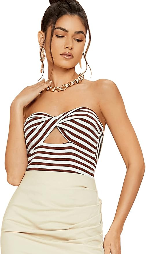 SweatyRocks Women's Striped Strapless Cut Out Twist Front Slim Fit Bandeau Tube Top | Amazon (US)