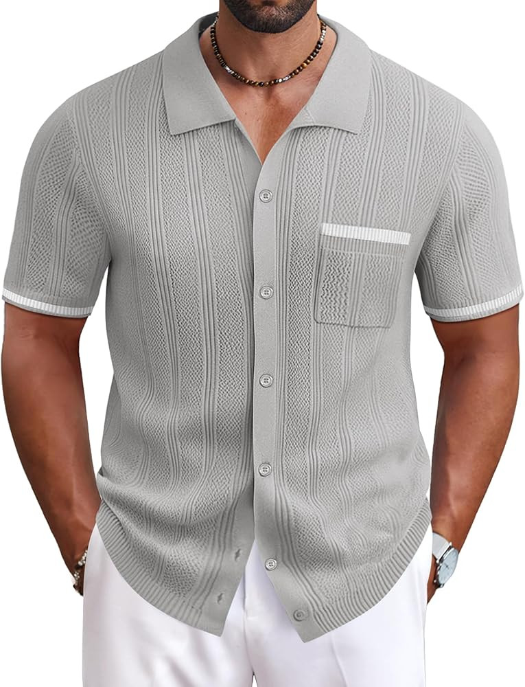 COOFANDY Men's Knit Button Down Shirt 2025 Vintage Short Sleeve Polo Shirt Casual Beach Tops | Amazon (US)