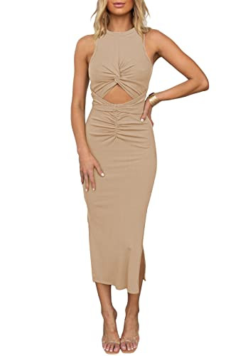 HUUSA Women's Sexy Sleeveless Cut Out Slim Bodycon Dress Crewneck Crisscross Twist Ruched Slit Ri... | Amazon (US)