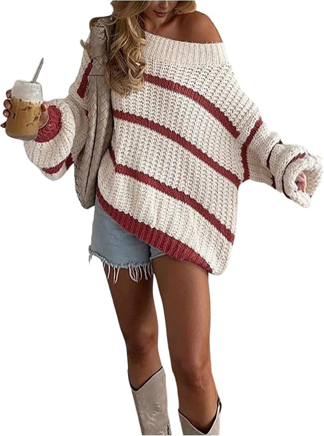 Verdusa Women‘s Fall Sweaters Off The Shoulder Sweater Striped Old Money Streetwear Fall Fashio... | Amazon (US)