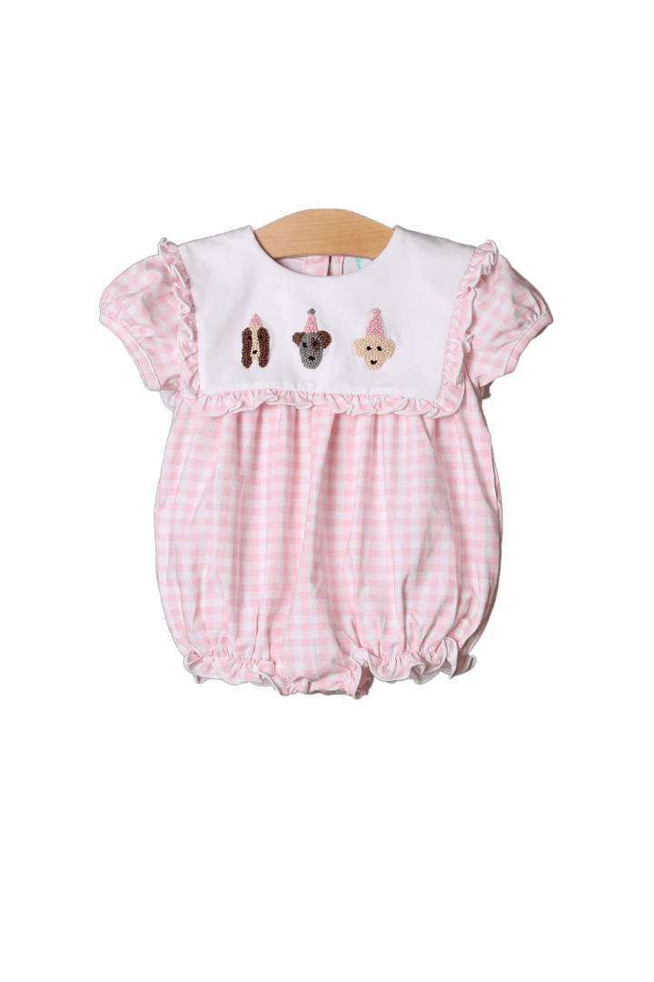 French Knot Birthday Party Pups Pink Gingham Short Sleeve Bubble | The Smocked Flamingo