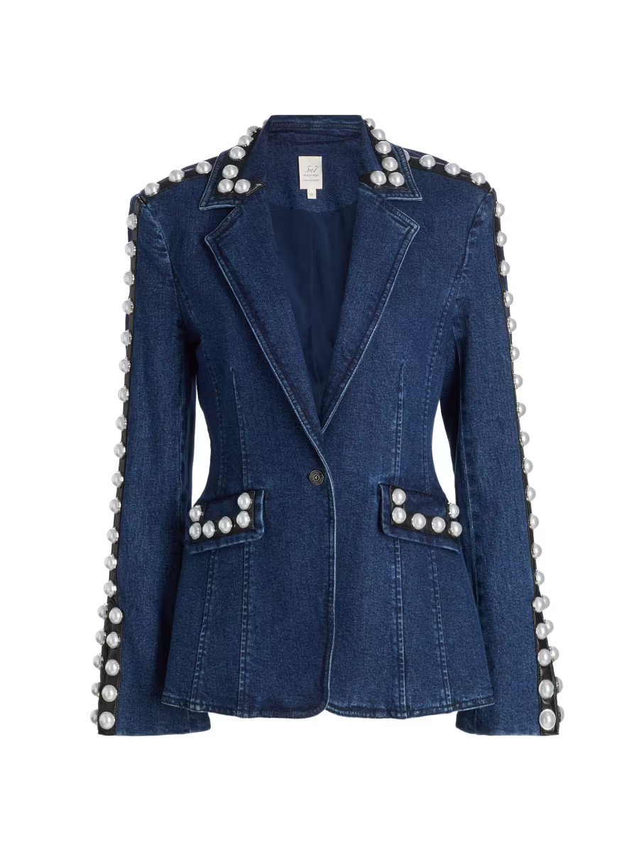 Cinq à Sept Milly Imitation Pearl-Embellished Denim Blazer | Saks Fifth Avenue | Saks Fifth Avenue