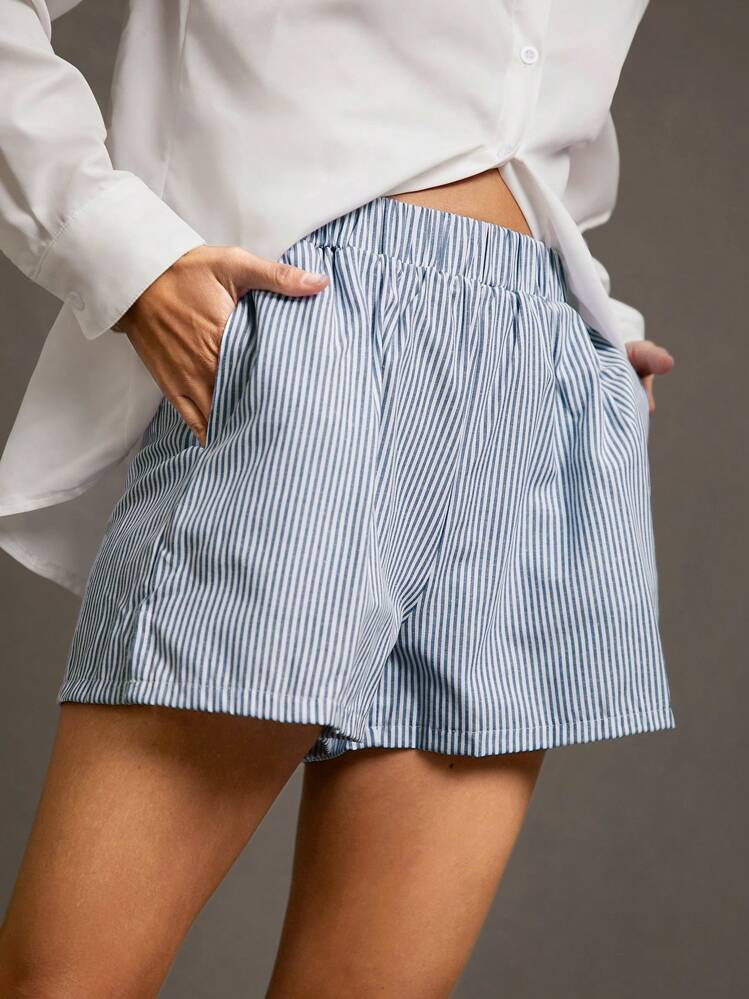 Siren Gaze Striped Print Elastic Waist Shorts | SHEIN