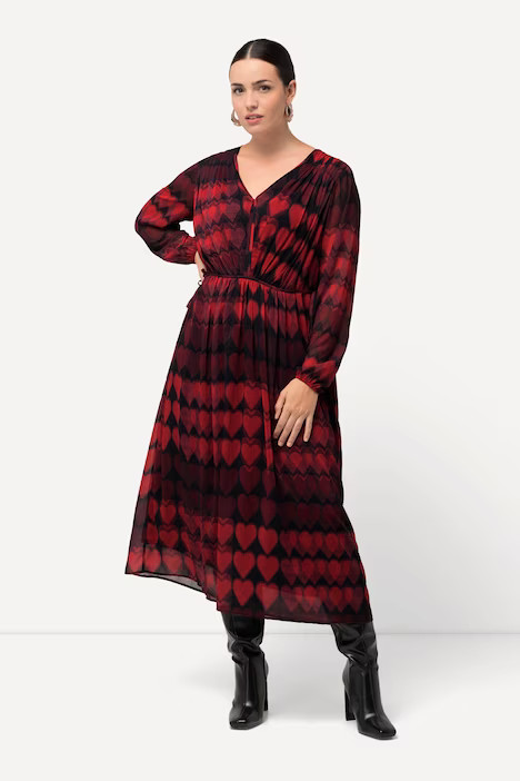 Heart Print Long Sleeve Layered Dress | Ulla Popken - US & CA