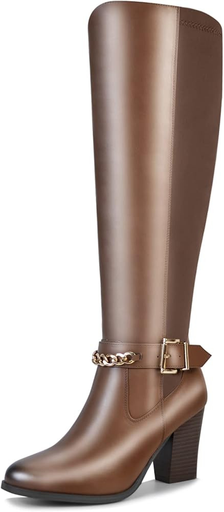 DCMBLY Women's Knee High Boots Pointed Toe Chunky Heel Knee High Boots with Elastic Calf… | Amazon (US)